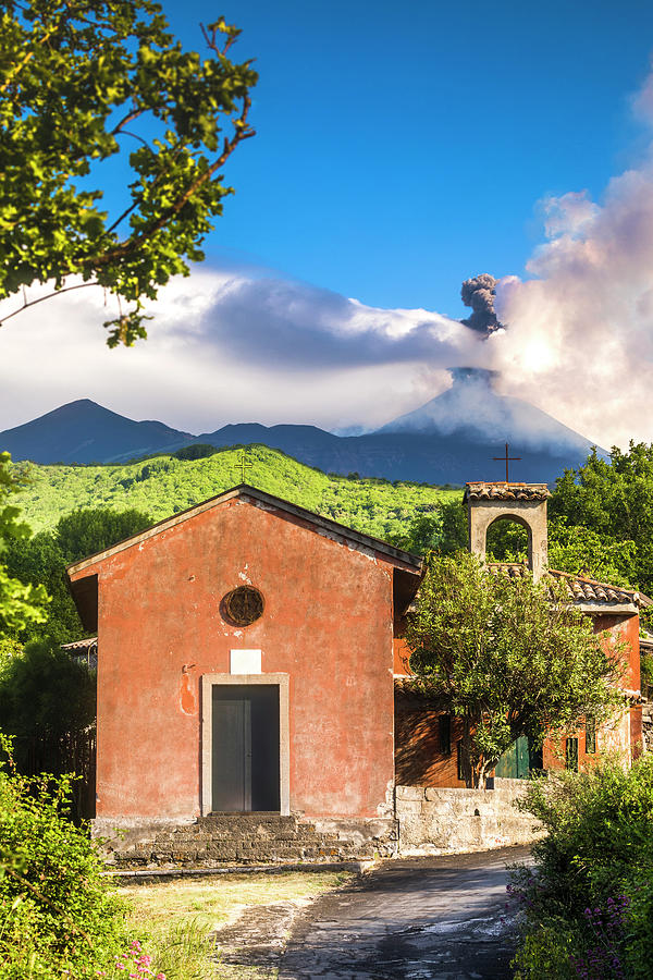 Italy, Sicily, Mount Etna, Trecastagni, Rural Church Queen Of Holy Martyrs Alfio Philadelphus & Cirino, Woods Of Tarderia, Complex Of Summit Craters With North East In Erupting Activity Digital Art by Alessandro Saffo