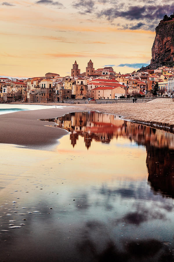 Italy, Sicily, Palermo District, Mediterranean Sea, Cefalu, Beach With The Cathedral In Background Digital Art by Antonino Bartuccio