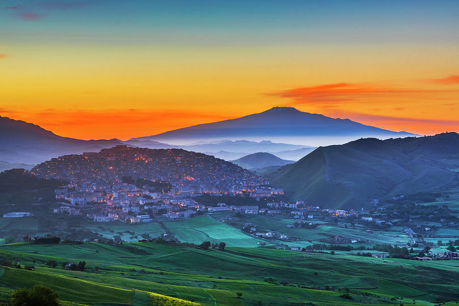 Italy, Sicily, Palermo District, Parco Delle Madonie, Gangi, Village Of Gangi, This Town Is Part Of Most Beautiful Villages In Italy, Etna In Background Digital Art by Alessandro Saffo