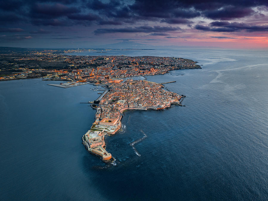 Italy, Sicily, Siracusa District, Siracusa, Ortigia, Mediterranean Sea, The Island Of Ortigia Seen From Above Digital Art by Antonino Bartuccio