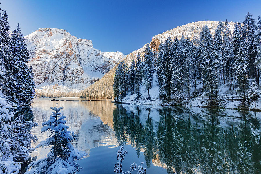Rural Scene Digital Art - Italy, Trentino-alto Adige, Bolzano District, Fanes Sennes Braies Natural Park, Alps, Dolomites, Lake Braies At Dawn With The Mountains In Front Covered In Snow by Maurizio Rellini