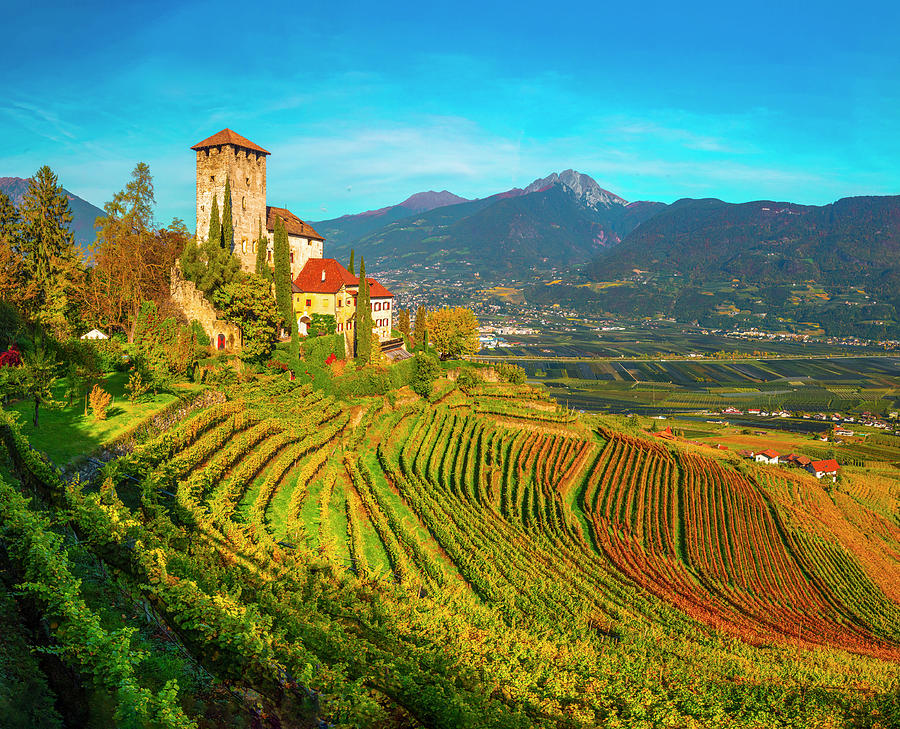 Italy, Trentino-alto Adige, Bolzano District, Merano, Cermes, Alto Adige, Sudtirol, Alps, Monteleone Castle And Autumnal Vineyards Digital Art by Olimpio Fantuz