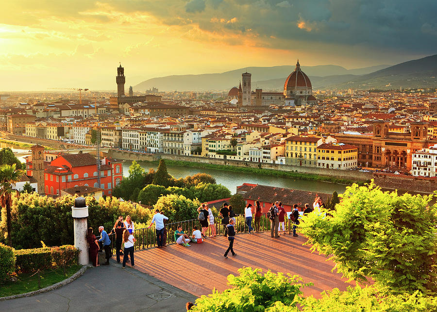 Italy, Tuscany, Firenze District, Florence, Sunset Over The City With Palazzo Vecchio And The Cathedral (duomo Santa Maria Del Fiore), View From Michelangelo Square Digital Art by Luigi Vaccarella