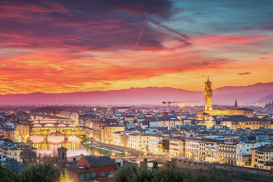 Italy, Tuscany, Firenze District, Florence, View With Palazzo Vecchio And Ponte Vecchio From Piazzale Michelangelo At Sunset Digital Art by Stefano Coltelli