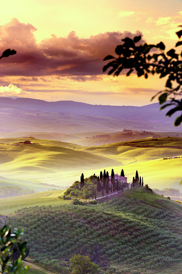 Italy, Tuscany, Siena District, Orcia Valley, The Tuscan Landscape Near San Quirico Dorcia At Sunrise Digital Art by Francesco Carovillano