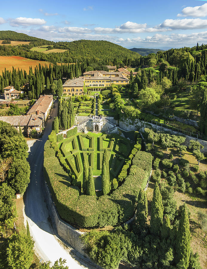 Italy, Tuscany, Siena District, Val Di Chiana, Chianciano Terme, Villa La Foce, Aerial View By Drone Digital Art by Guido Cozzi