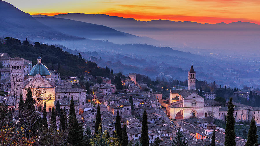 Italy, Umbria, Perugia District, Appenines, Sagrantino Wine Road, Assisi, Basilica Of Santa Chiara, Sunrise Over The Hilltop City Digital Art by Luigi Vaccarella