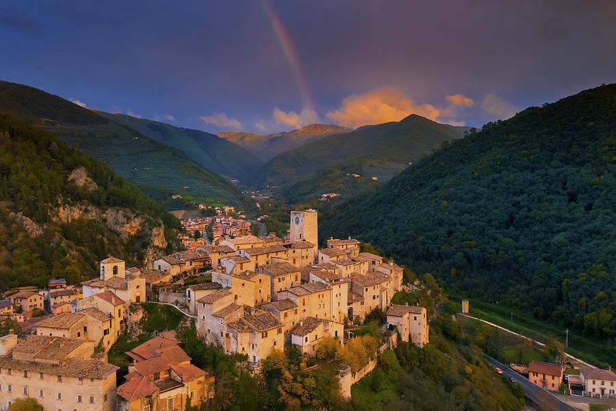 Italy, Umbria, Terni District, Valnerina, Arrone, Apennines, Aerial View Of Arrone Village At Sunset Digital Art by Maurizio Rellini