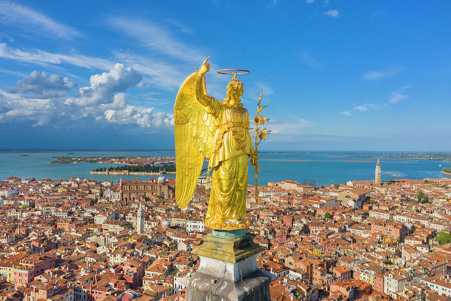 Italy, Veneto, Venetian Lagoon, Adriatic Coast, Venezia District, Venice, Angel On Bell Tower Of San Marco Digital Art by Massimo Ripani