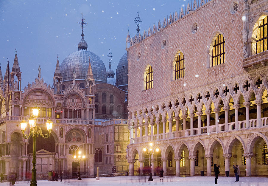Italy, Veneto, Venezia District, Venetian Lagoon, Adriatic Coast, Venice, St Marks Square, Doges Palace, Snow And St Marks Cathedral In Background Digital Art by Sandra Raccanello