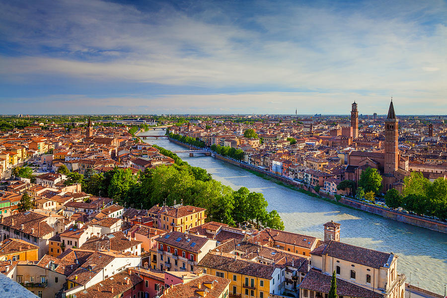 Italy, Veneto, Verona District, Verona, A Panoramic View From San Pietro Castle Digital Art by Davide Erbetta