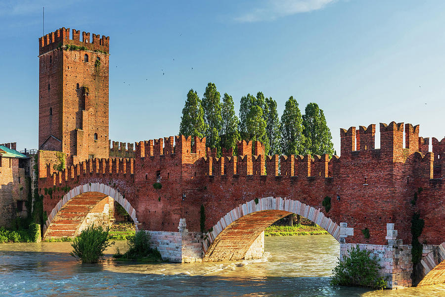 Italy, Veneto, Verona District, Verona, Castelvecchio, Castelvecchio Bridge And Museum Digital Art by Luigi Vaccarella