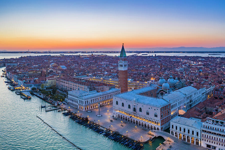 Italy, Venice, St Marks Basin, Venetian Lagoon, Aerial Of The City Of Venice, Doges Palace, The Cathedral And The Bell Tower Of San Marco At The Blue Hour Digital Art by Manfred Bortoli