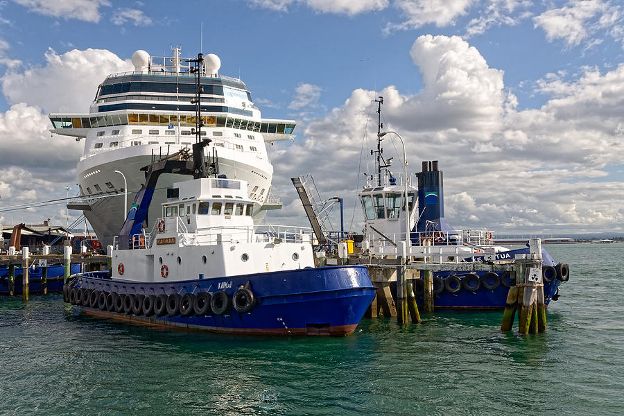 Its Not the Size, Its How You Use It -- Tugboats and Cruise Ship in Tauranga, New Zealand Photograph by Darin Volpe