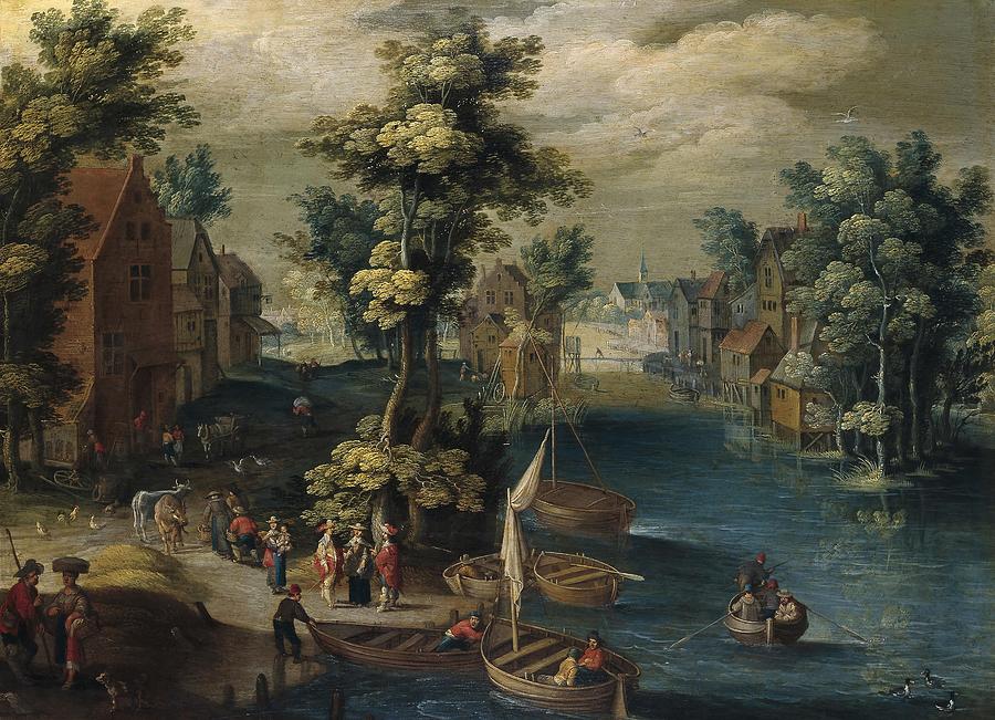 Izaak van Oosten / Paisaje con barcas, 1652-1661, Flemish School. Painting by Izaak van Oosten -1613-1661-
