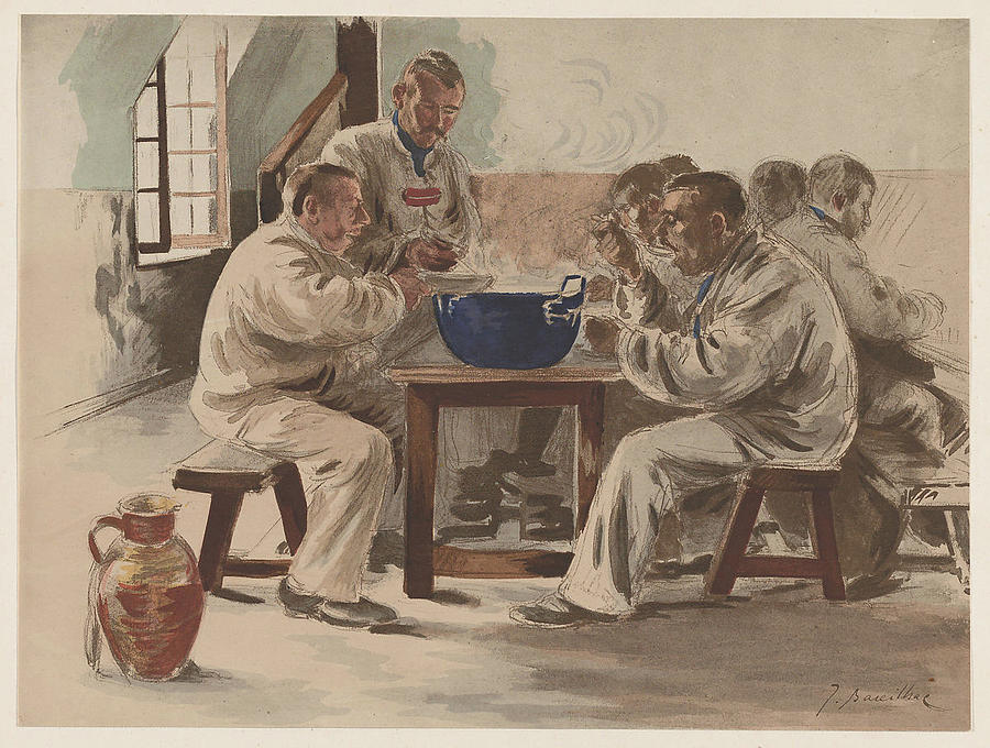 J. Baseilhac French, active 19th century. Soup in the Barracks La soupe a la chambree, ca. 1898. Painting by Celestial Images