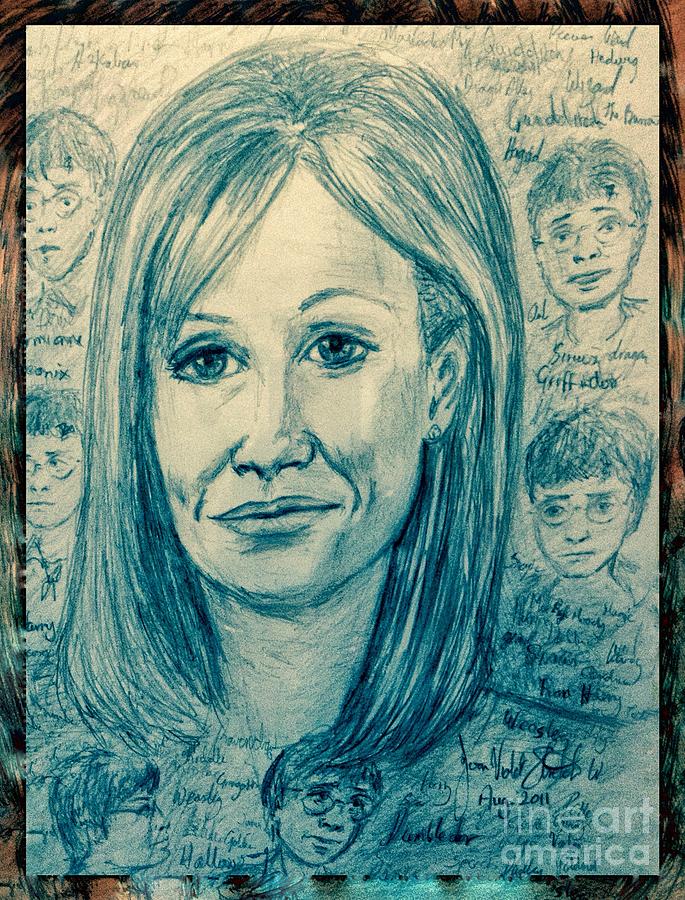 J K Rowling Portrait in Blue Drawing by Joan-Violet Stretch