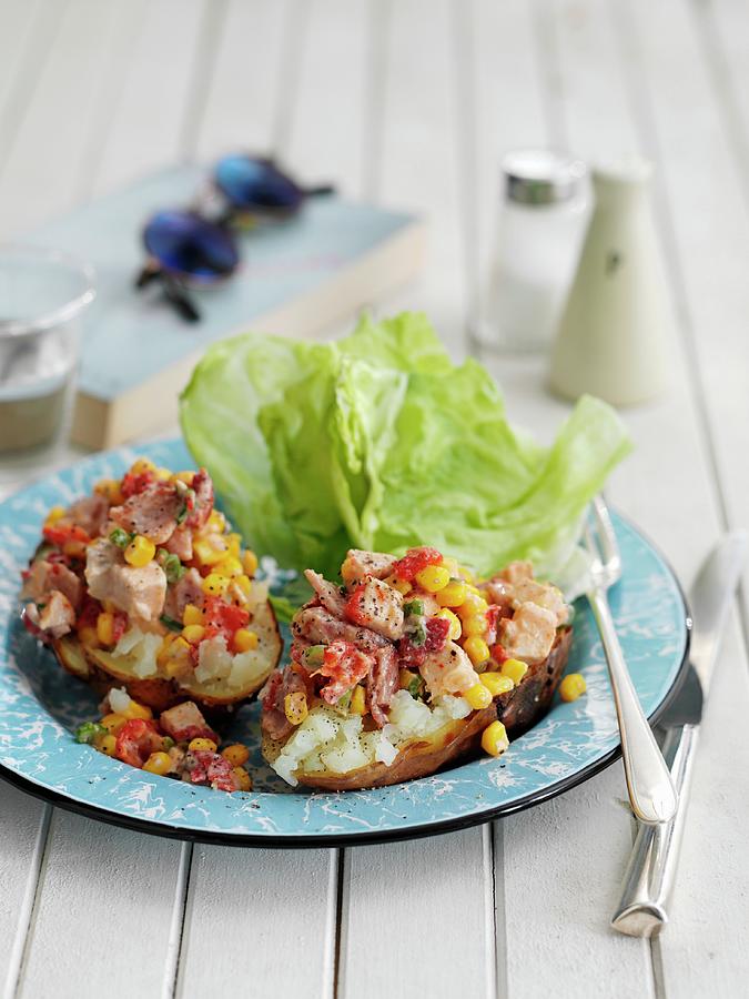 Jacket Potatoes Filled With Chicken, Bacon And Sweetcorn Photograph by Gareth Morgans