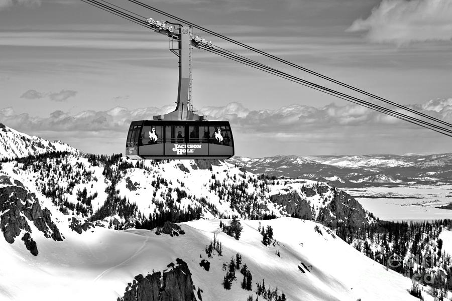 Jackson Hole Aerial Tram Over The Snow Caps Black And White Photograph by Adam Jewell