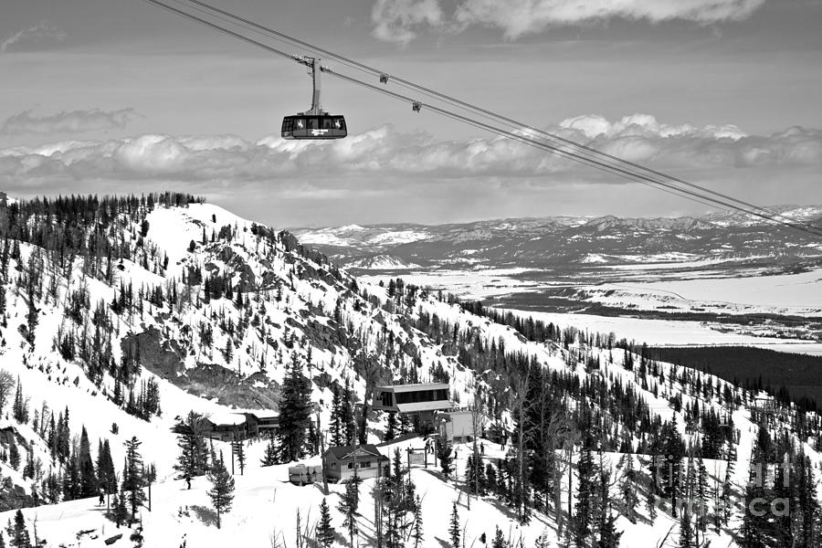 Jackson Hole Big Red Tram In The Tetons Black And White Photograph by Adam Jewell