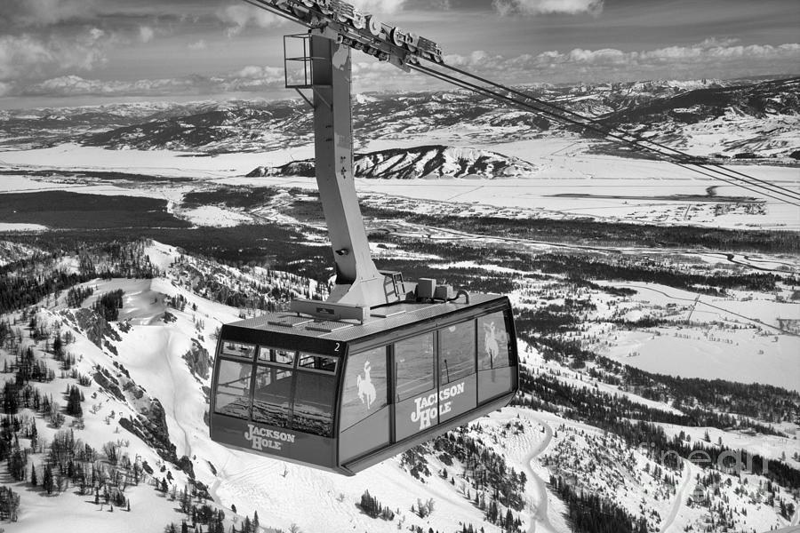 Jackson Hole Tram In The Skies Black And White Photograph by Adam Jewell
