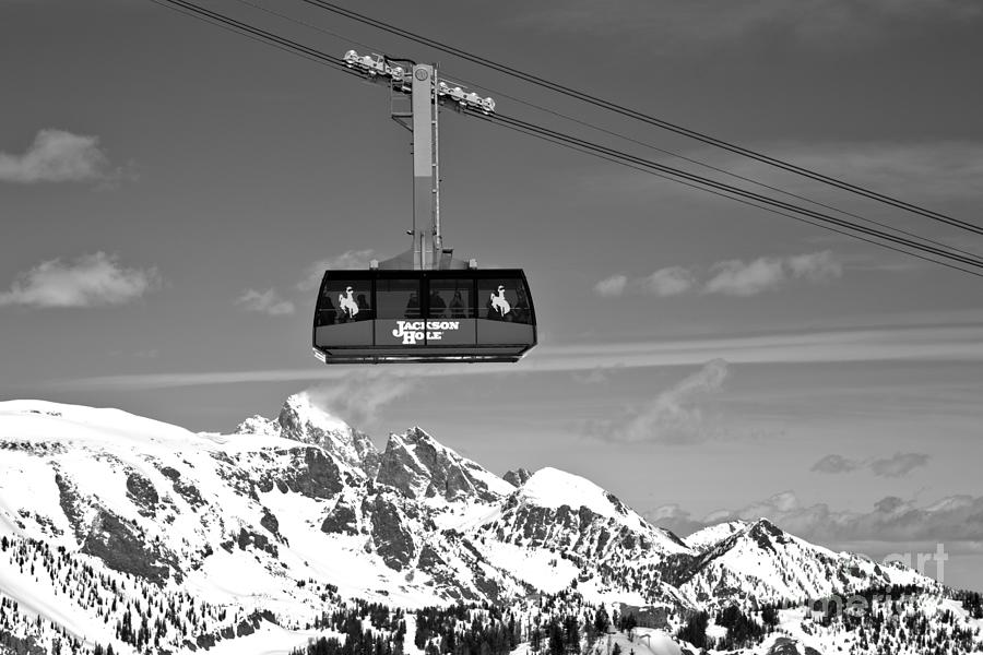 Jackson Hole Tram Over The Snow Caps Black And White Photograph by Adam Jewell