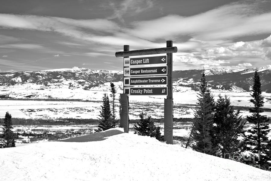 Jackson Ski Slope Directions Black And White Photograph by Adam Jewell