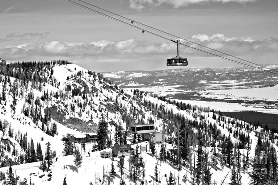 Jackson Ski Tram In The Sky Black And White Photograph by Adam Jewell