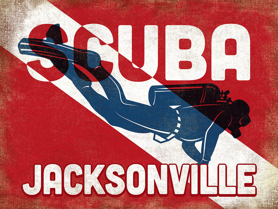 Jacksonville Digital Art - Jacksonville Scuba Diver - Blue Retro by Flo Karp