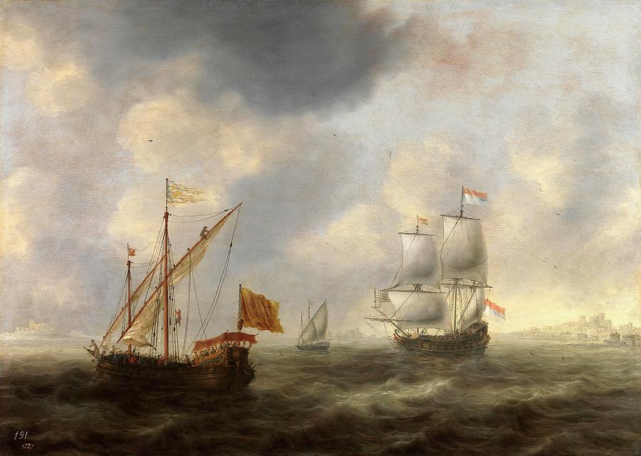 Jacob Adriaensz Bellevois Galera turca y navio holandes frente a la costa, ca.1663, Dutch School. Painting by Jacob Adriaensz Bellevois -1621-1676-