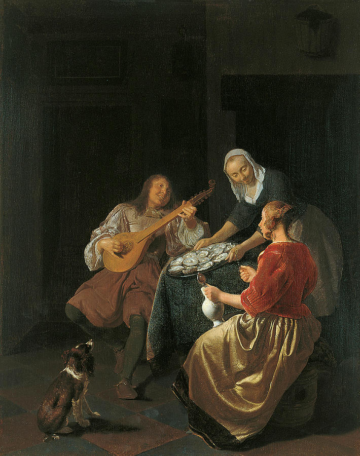 Jacob Lucasz. Ochtervelt -Rotterdam, 1634-Amsterdam, 1682-. Oyster Eaters -ca. 1665 - 1669-. Oil... Painting by Jacob Ochtervelt -1634-1682-