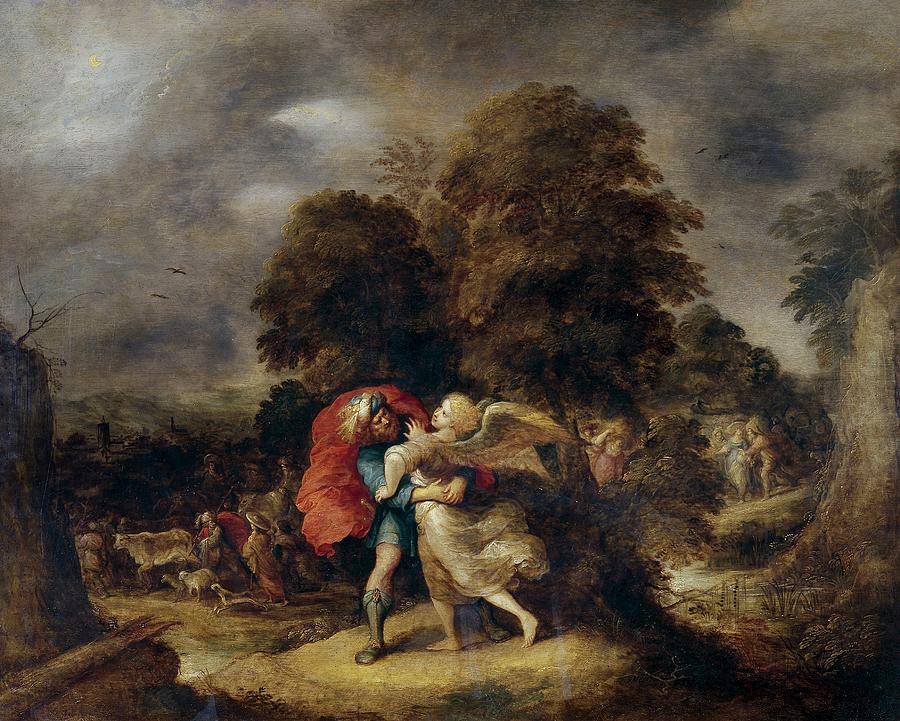 Jacob Wrestling with the Angel, Flemish School, Oil on copper, 68 cm x 86 c... Painting by Frans Francken II the Younger -1581-1642-