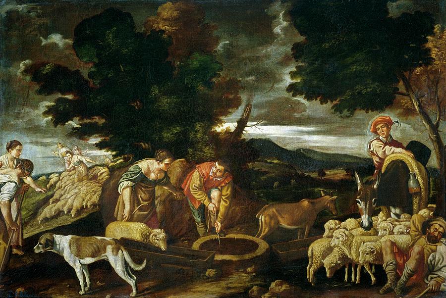 Jacob y Raquel en el pozo abrevando los rebanos, First... Painting by Pedro de Orrente -1580-1645-