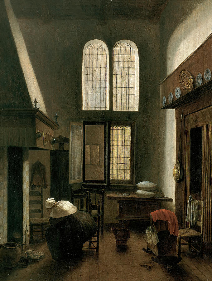 Jacobus Vrel -Active in Holland ca. 1654-1662-. Interior with a Woman Seated by a Hearth -ca. 165... Painting by Jacobus Vrel -d 1662-