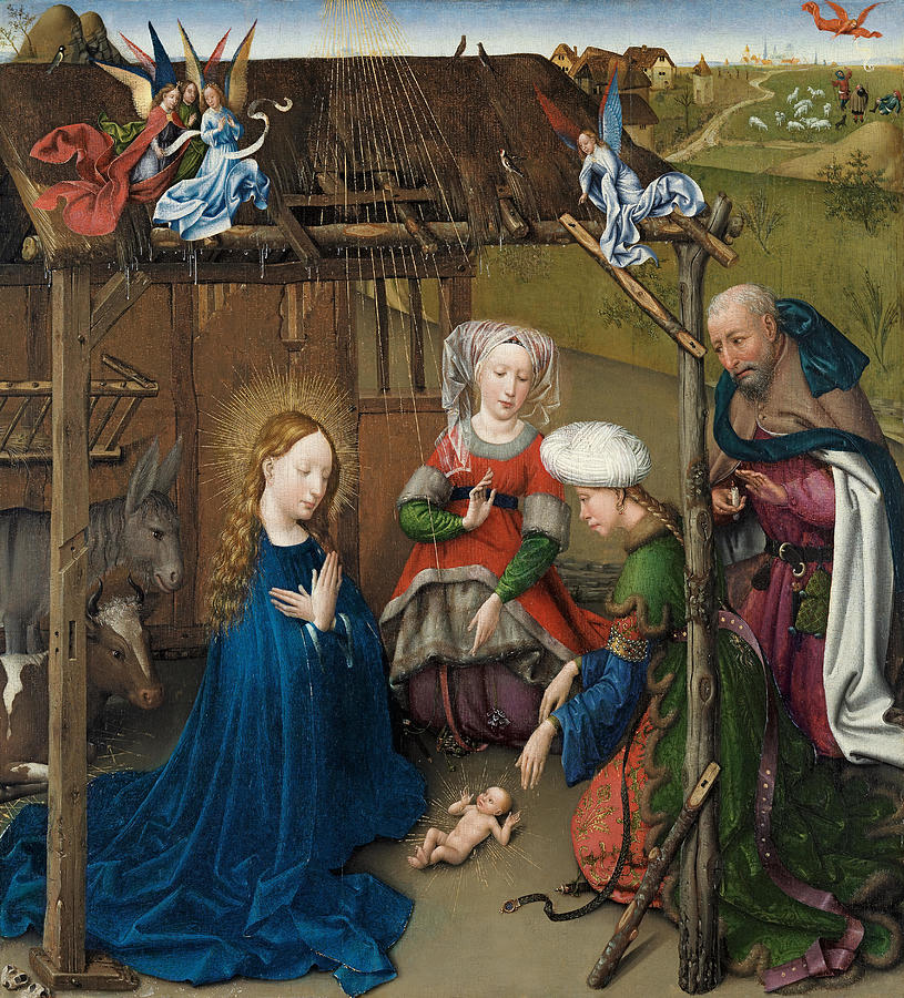 Jacques Daret -Tournai, ca. 1400/5- ca. 1468-. The Nativity -ca. 1434-35-. Oil on panel. 59.5 x 5... Painting by Jacques Daret -d 1468-