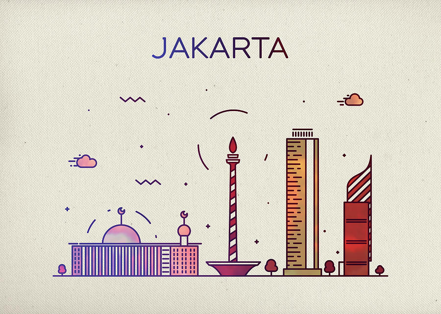City Mixed Media - Jakarta Indonesia City Skyline Fun Whimsical Series Wide by Design Turnpike