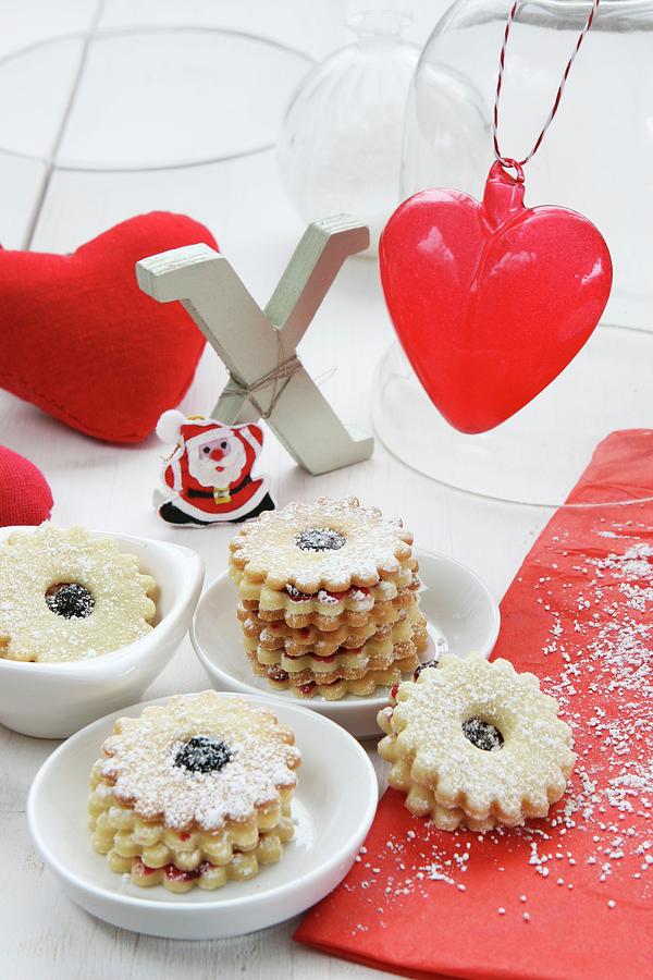 Jam-filled Ring Biscuits, Xmas, A Fabric Heart, A Glass Heart And Father Christmas Photograph by Regina Hippel
