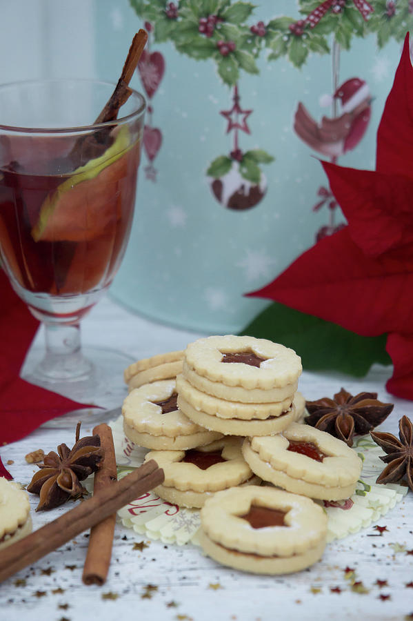Jam Sandwich Biscuits, Christmas Spices And Mulled Wine Photograph by Martina Schindler