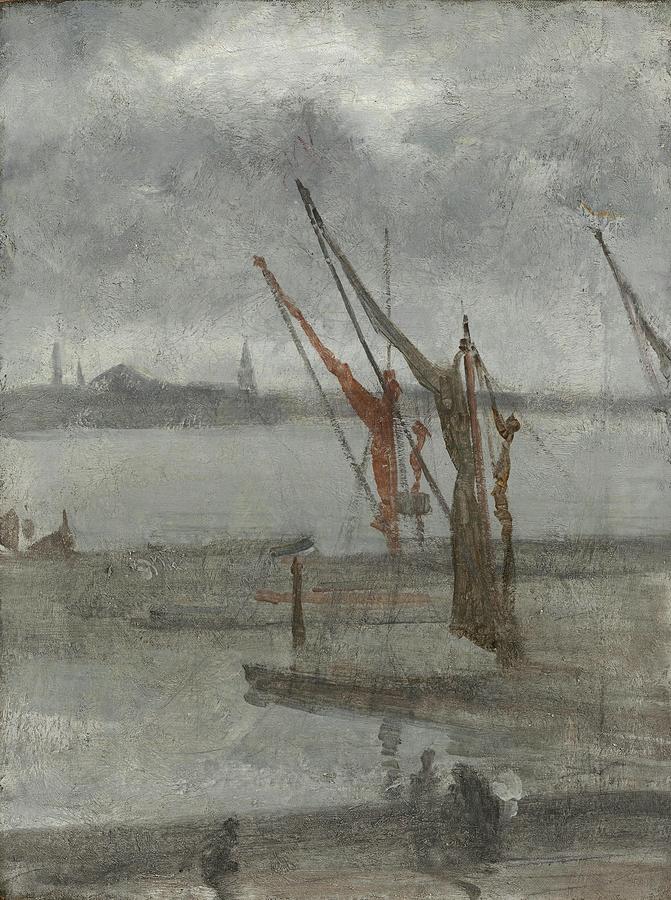 JAMES ABBOTT MCNEILL WHISTLER Grey and Silver Chelsea Wharf, c. 1864/1868. Painting by James Abbott McNeill Whistler -1834-1903-