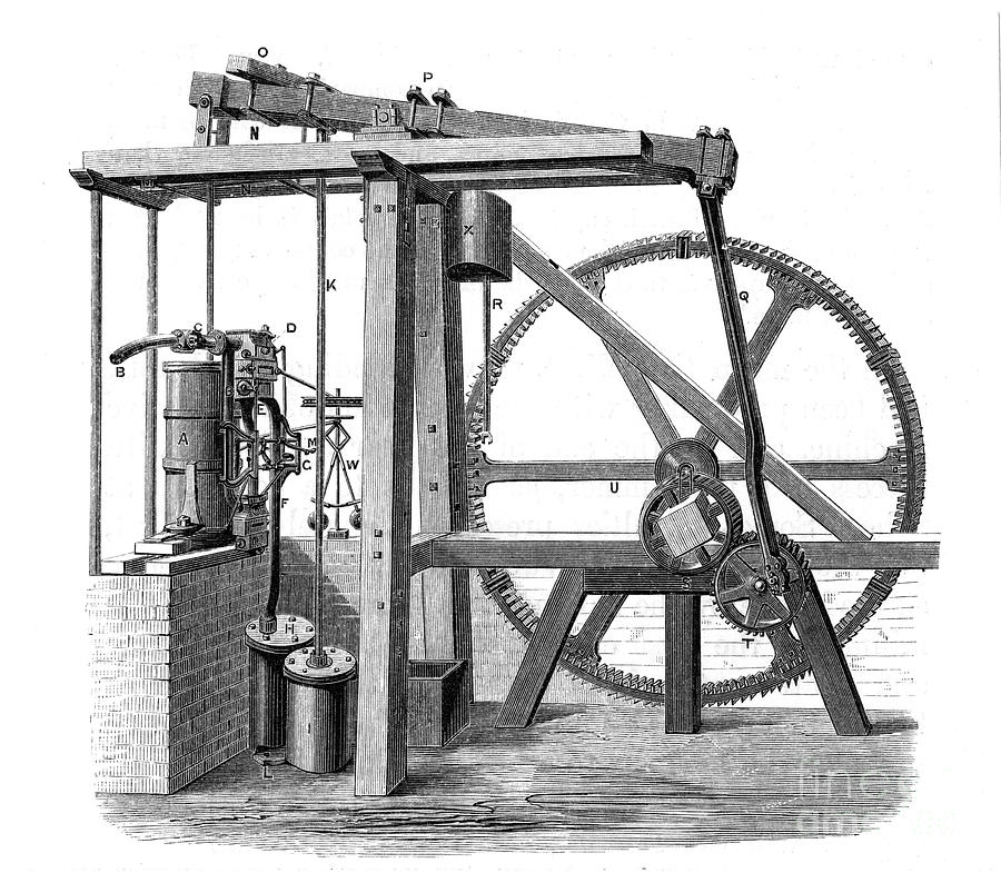 James Watts Prototype Steam Engine Old Drawing by Print Collector