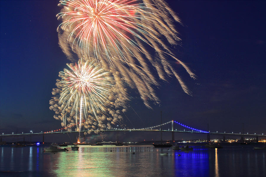 Jamestown Fireworks and Newport Pell Bridge Photograph by John Burk
