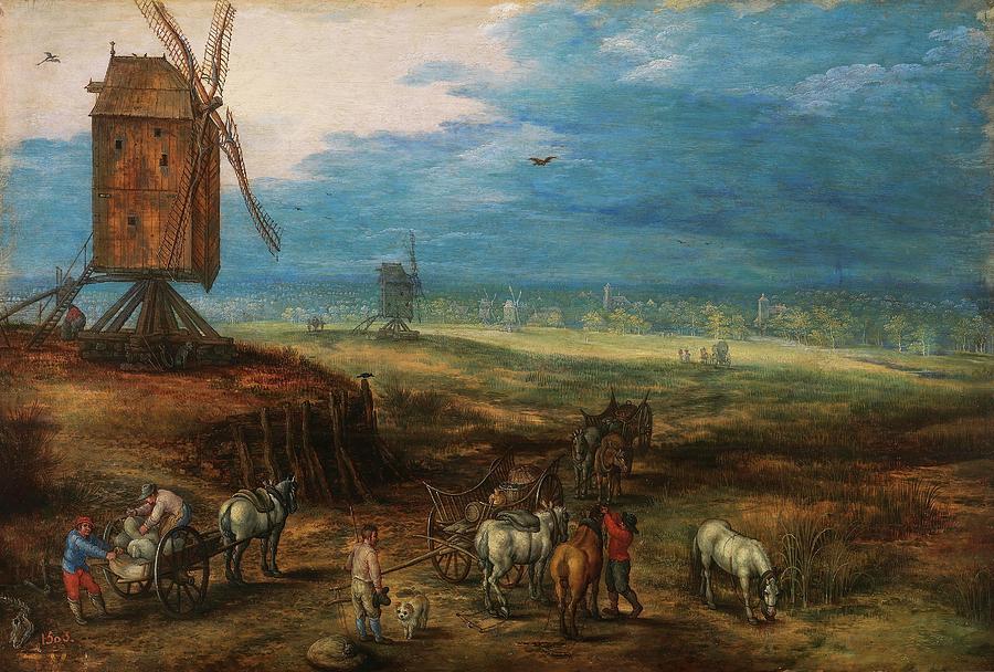 Jan Brueghel el Joven / Landscape with Windmills, 1606-1608, Flemish School. Painting by Jan Brueghel the Younger -1601-1678-