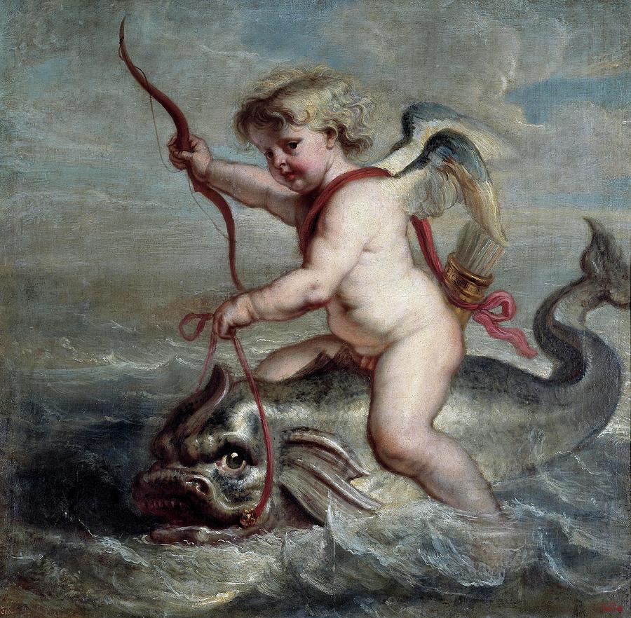 Jan Erasmus Quellinus / Cupid on a Dolphin, ca. 1630, Flemish School. JAN-ERASMUS QUELLINUS . Painting by Jan Erasmus Quellinus -17th cent - Jan Erasmus Quellinus / Cupid on a Dolphin, ca. 1630, Flemish School. JAN-ERASMUS QUELLINUS . Painting by Jan Erasmus Quellinus -17th cent -