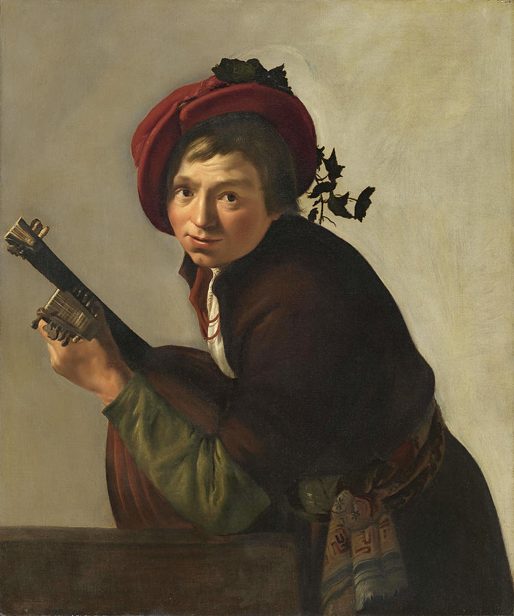 Jan Gerrit van Bronchorst -Ultrecht, ca. 1603 - Amsterdam, 1661-. Young Man Playing a Theorbo -ca... Painting by Jan Gerritsz van Bronckhorst -1603-1661-