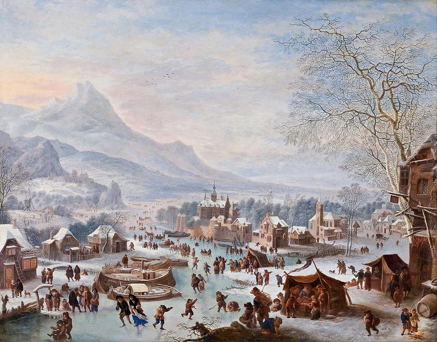 Jan Griffier - Winter Scene with Skaters Painting by Celestial Images