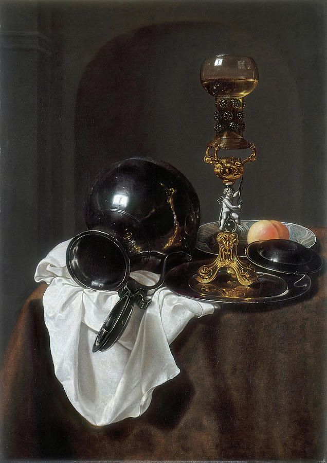 Jan Jansz. Treck -Amsterdam, 1605/6 -1652-. Still Life with Glass of Wine, pewter Jug and other O... Painting by Jan Jansz Treck -1605-1652-