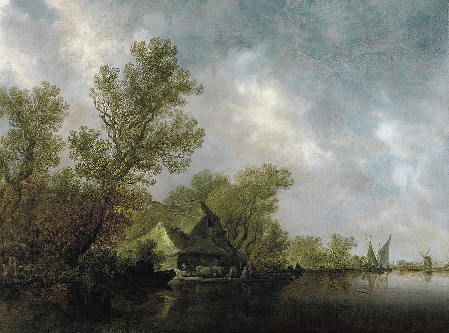 Jan Josephsz. van Goyen -Leiden, 1596-The Hague, 1656-. River Landscape with Ferry Boat and Cotta... Painting by Jan van Goyen -1596-1656-