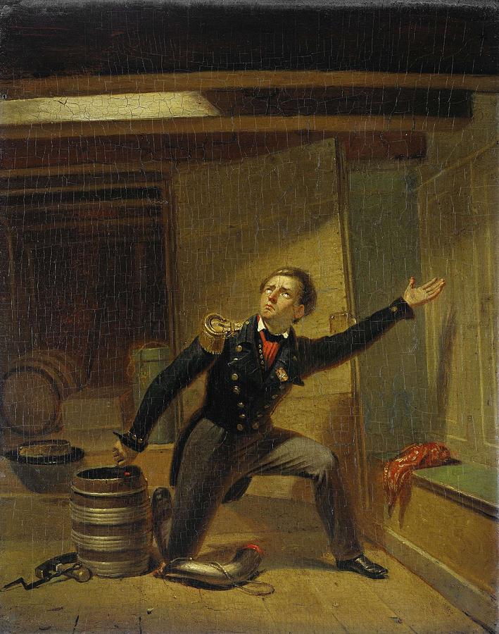 Jan van Speijk puts the fuse in the gunpowder, February 5, 1831. Painting by Jacobus Schoemaker Doyer -1792-1867-