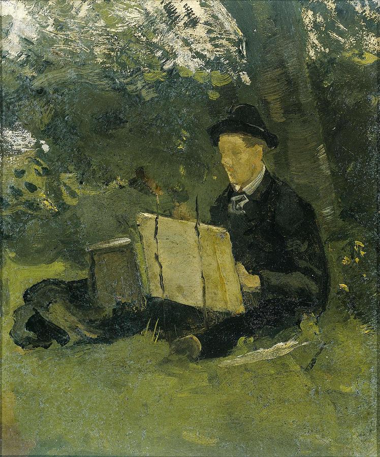 Jan Verkade -1868-1946- Painting under a Tree at Hattem. Painting by Richard Nicolaus Roland Holst -1868-1938-