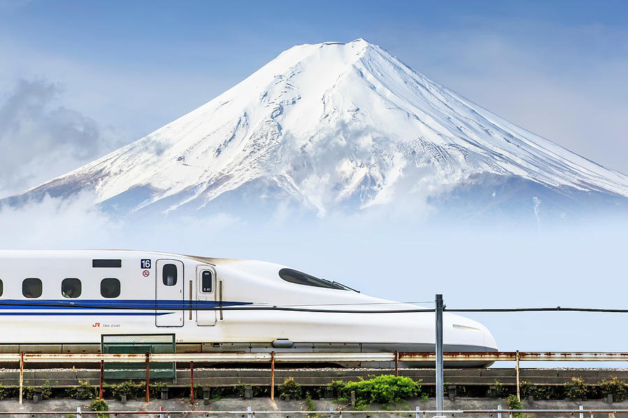 Japan, Chubu, Shinkansen, Bullet Train, And Mount Fuji In The Background Digital Art by Maurizio Rellini